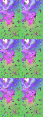 Eski usul. Renkli desenli eskiz deseni, yeşil ve mor çiçekler ve dekoratif elementler. Eskiz geçmişi. Raster illüstrasyonu. Kumaş, tekstil ve duvar kağıdı baskısı için..