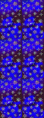 Çiçek desenli çizim. Raster illüstrasyonu. Mavi ve mor renkli çiçekler. Asya tekstil tarzında. Raster illüstrasyonu.