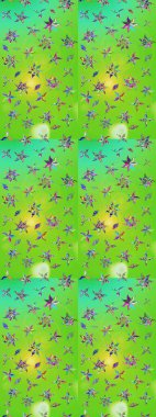 Bir sürü yeşil ve sarı soyut çiçekli tropik eskiz deseni. Küçük çiçekteki sevimli çiçek deseni. Varicologreen ve sarı raster çizimi.