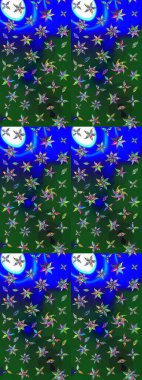 Çok yeşil ve mavi zarif küçük çiçekler ve yeşil ve mavi renkli komik böcekler, raster desen, illüstrasyon.