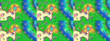 Egzotik çiçekler, yeşil ve mavi renkler üzerine botanik ve parlak klasik doğa. Raster illüstrasyonu. Klasik tropikal doğal elementlerin suluboya seti.