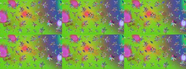 Raster - stok. Eskiz arkaplan modeli. Yapraklı çiçekler ve yeşil ve mor renkli papatya çiçekleri..