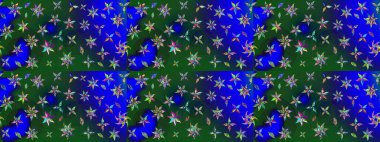 Nazik romantik baskı. Bahar mevsimi. Raster güzel bir çiçek deseni çizmiş. Tatil havası. Mavi ve yeşil renkte çiçekler.