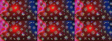 Raster Floral Illustration, Asyalı tekstil. Kırmızı ve kahverengi renkli etnik çiçeklerle zarif bir eskiz deseni..