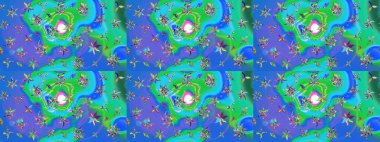 Yatak çarşafları, ceket, paket tasarımı, kumaş ve moda kavramları için tekstil baskısı. Eskiz modeli etnik tasarım. Çiçekleri, deniz kabukları, mandalaları ve suluboya efektleri olan deniz altyapısı.