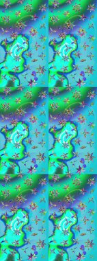 Soyut etnik raster çizim kalıbı. Kabile sanatı boho baskısı, klasik çiçek arkaplanı. Arkaplan dokusu, duvar kağıdı, mavi ve yeşil renkli çiçek teması.