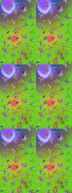 Raster illüstrasyonu. Çiçek desenli çizim. Asya tekstil tarzında. Raster illüstrasyonu. Yeşil ve mor renkte çiçekler.