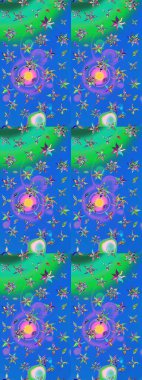 Mavi ve yeşil renkli çiçekler. Çiçek desenli çizim. Renkli Bahar Teması eskiz kalıbı. Raster illüstrasyonu. Asya tekstil tarzında. Düz Çiçek Elementleri Tasarımı.