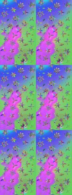 Raster illüstrasyonu. Suluboya, elle çizilmiş. Eskiz arkaplan modeli. Mor ve yeşil yapraklı yabani çiçekler.