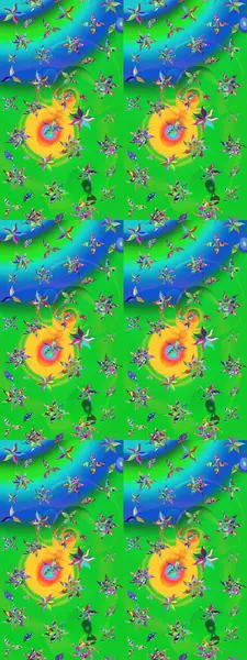 Raster illüstrasyonu. Yeşil ve mavi renkte çiçekler. Şatafatlı bahar bahçesi dokusu. Çiçek deseni. Yeşil ve mavi renkte çiçek çizimi.