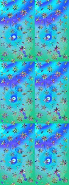 Raster Floral Illustration, Asyalı tekstil. Mavi ve yeşil renkli etnik çiçeklerle zarif bir eskiz deseni.