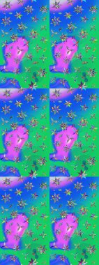 Raster illüstrasyonu. Şirin karalamalı çiçek desenli çizim. El yapımı çiçek ve bitki koleksiyonu. Raster illüstrasyonu. Robot resim tarzı mavi ve yeşil renkler.