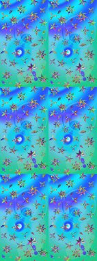 Yumuşak, bahar çiçekleri mavi ve yeşil renklerde. Raster illüstrasyonu. Çiçek ve yapraklı karalama şeklinde Raster çiçek deseni.