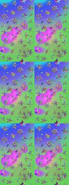 Arkaplan dokusu, duvar kağıdı, yeşil ve mor renkli çiçek teması. Kabile sanatı boho baskısı, klasik çiçek arkaplanı. Soyut etnik raster çizim kalıbı.