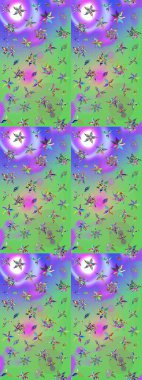 Raster illüstrasyonundaki çiçek desenli çizim. Yeşil ve mor renkli çiçekler. Düz Çiçek Elementleri Tasarımı. Renkli Bahar Teması çizim şablonu.