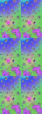 Raster Çiçek İllüstrasyonu güzel tekstil. Yeşil ve mor renkli etnik çiçeklerle zarif eskiz deseni.