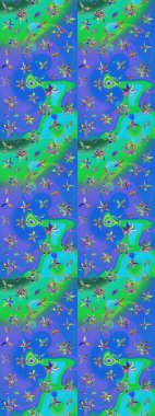 Nakış desenli çiçek deseni. Renkli grunge, soyut arkaplanı kolomavi ve yeşil çiçeklerle süslüyor. İzler, kumaş, duvar kağıtları, tekstil için raster dokusu.