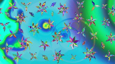 Dallı bahar çiçekleri ile desen, mavi ve yeşil renkler ile çiçek silueti. Raster deseni.