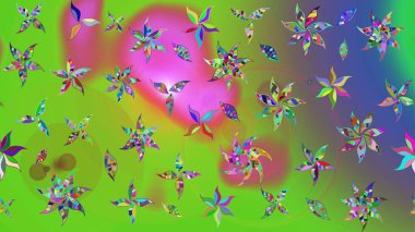 Küçük çiçekteki sevimli çiçek deseni. Raster illüstrasyonu. Yeşil ve mor renkte çiçekler.