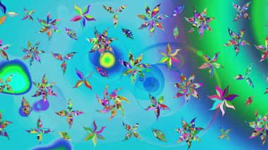 Mavi ve yeşil renkli çiçekler. Düz Çiçek Elementleri Tasarımı. Sevimli çiçek raster deseni. Renk Bahar Teması eskiz şablonu.