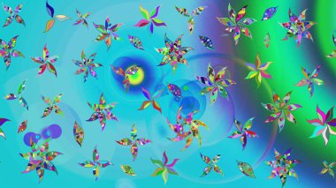 Mavi ve yeşil renkli çiçekler. Raster düz çiçek çizim deseni. Tasarım hediye paketi, tebrik kartları, posterler ve afiş tasarımı.