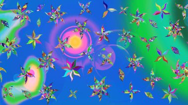 Parlak çiçekli mavi ve yeşil renkler üzerine soyut çizim deseni. Çiçeksel elementlerle süslenmiş zarif raster dokusu. Küçük çiçekte şirin bir çiçek deseni var..