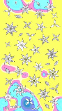 Raster Çiçek İllüstrasyonu güzel tekstil. Sarı ve mavi renkli etnik çiçeklerle zarif bir eskiz deseni..