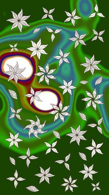 Varicologreen ve nötr raster çizimi. Bir sürü yeşil ve nötr soyut çiçekli tropik eskiz deseni. Küçük çiçekte sevimli çiçek deseni var..