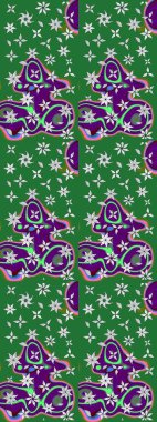 Raster illüstrasyonu. Çiçek desenli çizim. Raster illüstrasyonu. Asya tekstil tarzında. Yeşil ve mor renkte çiçekler.