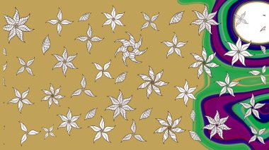 Çiçekler. Soyut etnik raster çizim kalıbı. Vadinin çiçekleri sarı ve nötr renklerde.