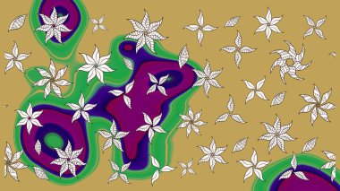 Çiçek desenli çizim. Raster illüstrasyonu. Asya tekstil tarzında. Sarı ve nötr renklerde çiçekler. Raster illüstrasyonu.