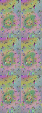 Raster illüstrasyonu. Çiçek desenli çizim. Tarafsız ve yeşil renklerde Asyalı tekstil.