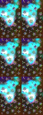 Mavi ve kahverengi renkli Asya tekstili. Raster illüstrasyonu. Suluboya çiçekli çiçek deseni.