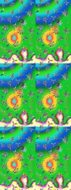 Raster illüstrasyonu. Yeşil ve mavi renkte çiçekler. Çizim çiçek deseni duvar kağıdı için kullanılabilir.