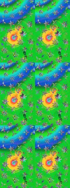 Çiçek deseni. Yeşil ve mavi renkte çiçek çizimi. Yeşil ve mavi renkte çiçekler. Raster illüstrasyonu. Şatafatlı bahar bahçesi dokusu.