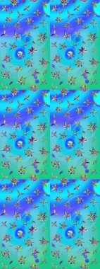 Elle boyanmış suluboya resim çizimleri, çiçekler ve bitkiler. Mavi ve yeşil renkte çiçekler.