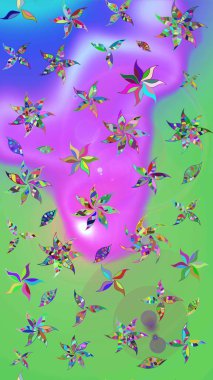 Çiçekli karalama şeklinde Raster çiçek deseni. Raster illüstrasyonu. Yumuşak, bahar çiçekleri yeşil ve mor renklerde.