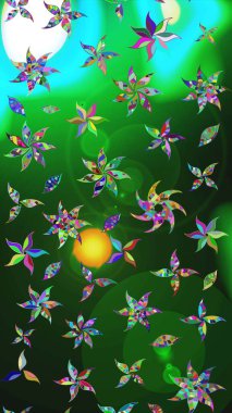 Yumuşak, bahar çiçekleri yeşil ve mavi renklerde. Raster illüstrasyonu. Çiçek ve yapraklı karalama şeklinde Raster çiçek deseni.