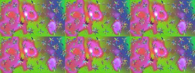 Raster illüstrasyonu. Çiçek desenli çizim. Asya tekstil tarzında. Yeşil ve pembe renkli çiçekler. Raster illüstrasyonu.