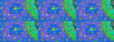 Eskiz arkaplan modeli. Yapraklı çiçekler ve mavi ve yeşil renkli papatya çiçekleri. Raster - stok.