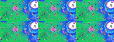 Yumuşak, bahar çiçekleri yeşil ve mavi renklerde. Raster illüstrasyonu. Raster deseni. Patlayan çiçekler soyut yerleştirilmiş.