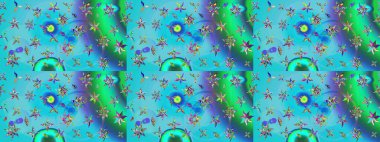 Mavi ve yeşil renklerde. Raster illüstrasyonu. 3D çiçekler, çizim.