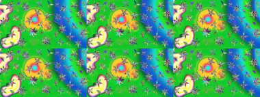 Küçük çiçekteki sevimli çiçek deseni. Varicologreen ve Blue Raster çizim çizimi. Birçok yeşil ve mavi soyut çiçekli tropikal çizim deseni.