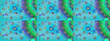 Tekstil, kumaş, ambalaj, hatıra defteri için hoş bir çiçek arkaplanı. Mavi ve yeşil arka planda. Elle çizilmiş çiçek desenli Raster çizimi. Çocuksu tasarım.
