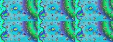 Kumaş desenli papatya çiçeği detayı. Mavi ve yeşil renkte çiçekler.