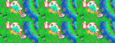 Yeşil ve mavi renkli bitkilerden oluşan parlak çiçekli çizim deseni.