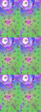 Yumuşak, yeşil ve mor renkte bahar çiçekleri. Raster illüstrasyonu. Çiçekli yumuşak bir eskiz şekli. Raster çiçekleri klasik tarzda resmedilir..