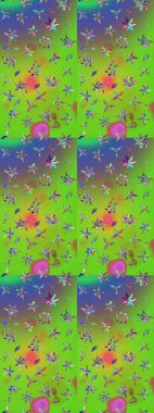 Raster illüstrasyonu. El çizimi çiçekli soyut çizim kalıbı. Yeşil ve mor renkte çiçekler.