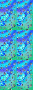 Parmak izi, kumaş, duvar kâğıdı, tekstil için raster dokusu. Renkli grunge, soyut arkaplanı kolomavi ve yeşil çiçeklerle süslüyor. Nakış desenli çiçek deseni..