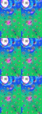 On green and blue colors. Raster illustration. A pattern of green and blue daisies on a green and blue colors.